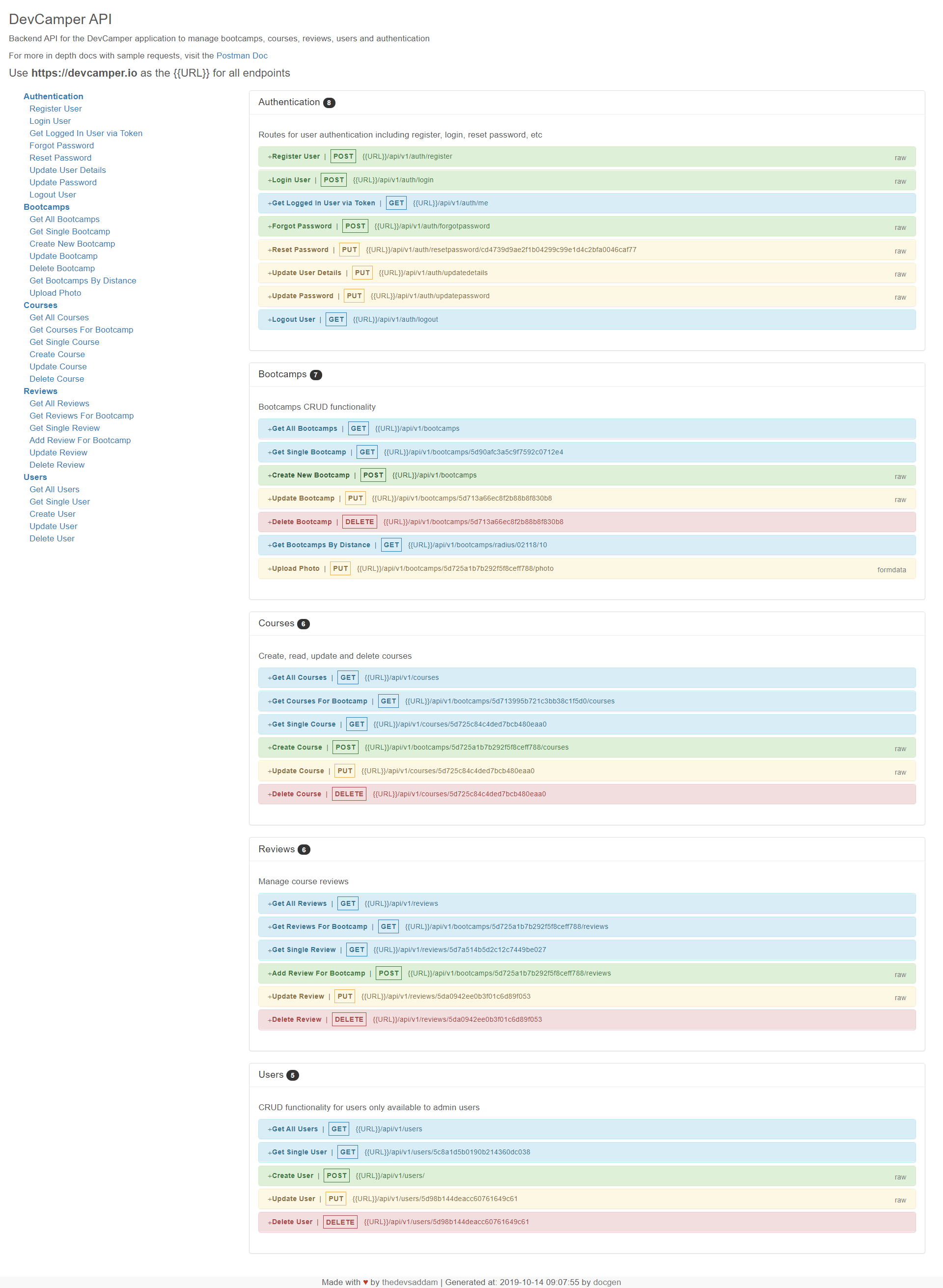 Dev Camper API Documentation